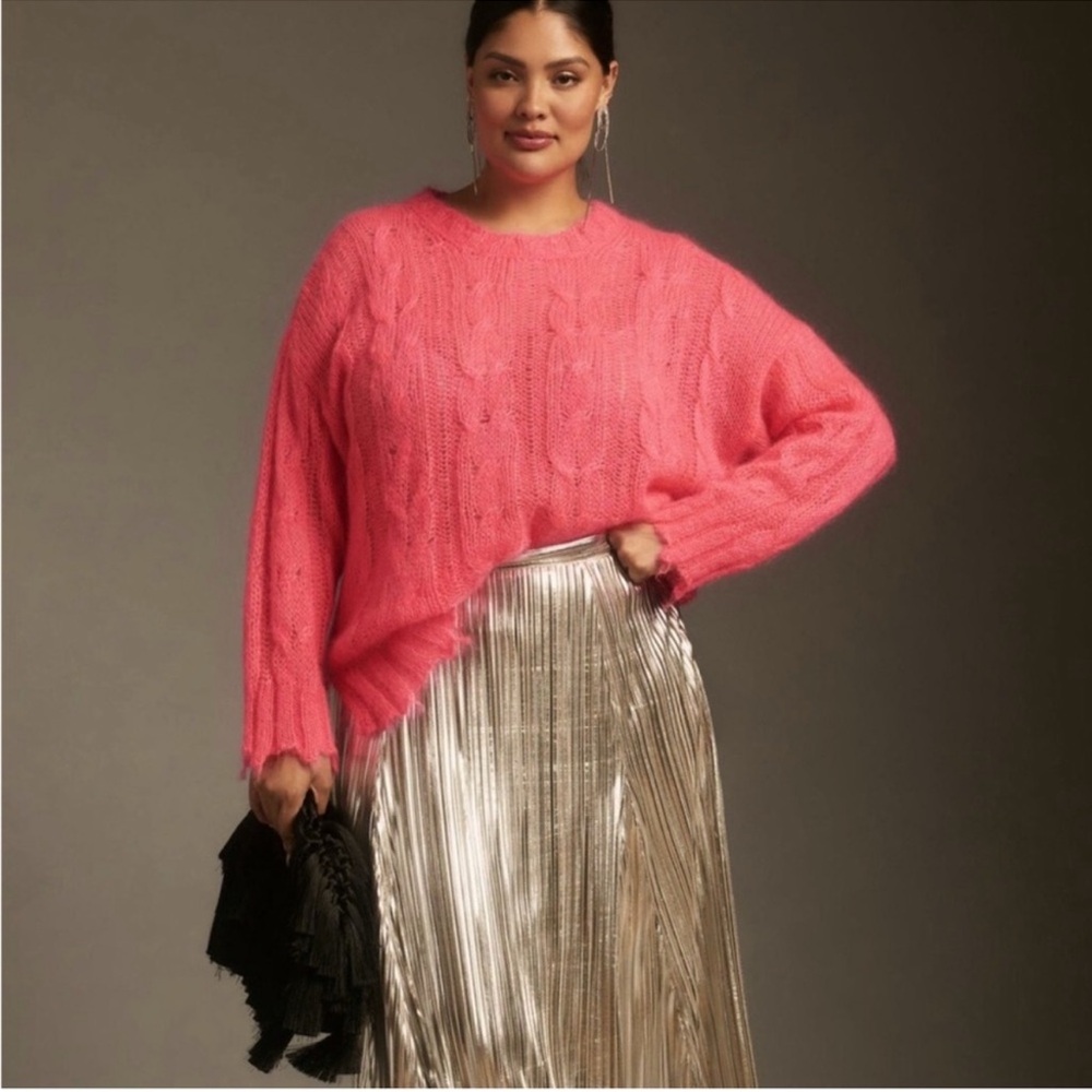 Anthropologie The Posey Stitchy Distressed Sweater in bright neon pink Large - Picture 3 of 7